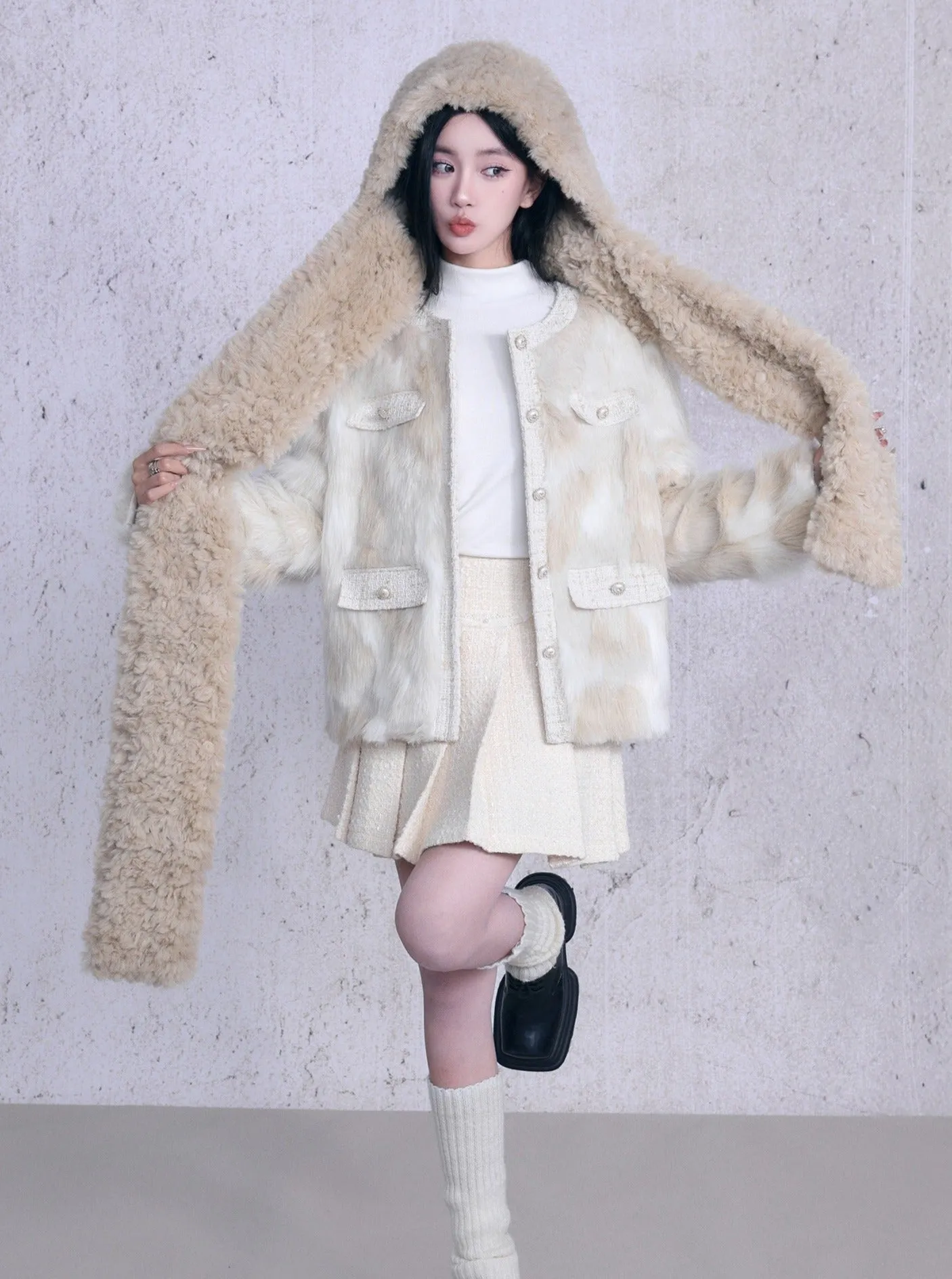 Luxe Faux Fur Collarless Jacket with Multi-Pocket Detail - Winter White