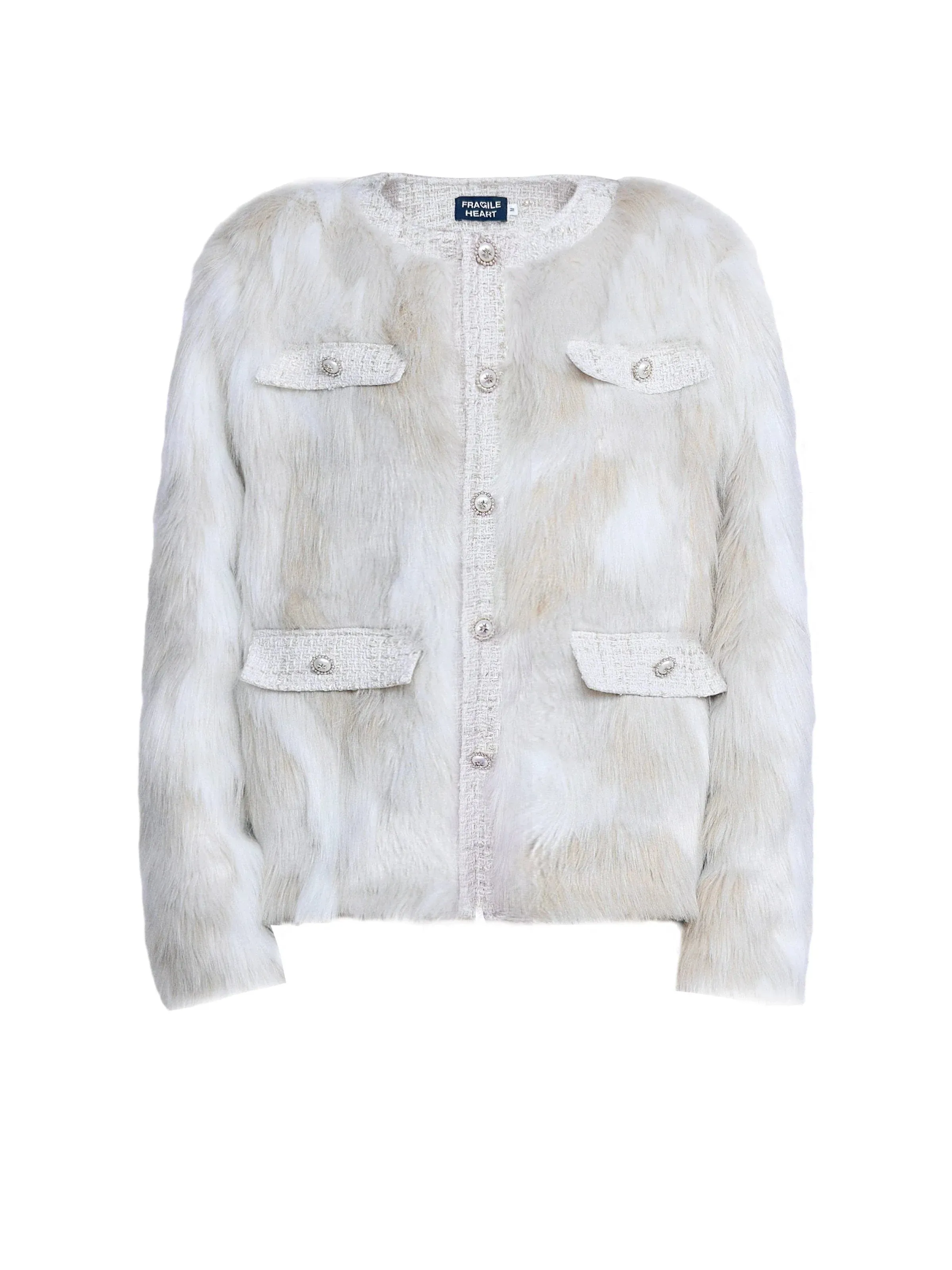 Luxe Faux Fur Collarless Jacket with Multi-Pocket Detail - Winter White