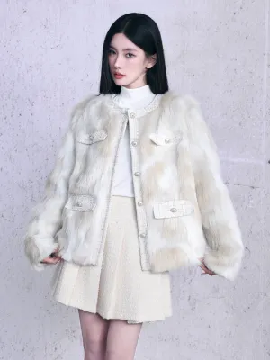 Luxe Faux Fur Collarless Jacket with Multi-Pocket Detail - Winter White