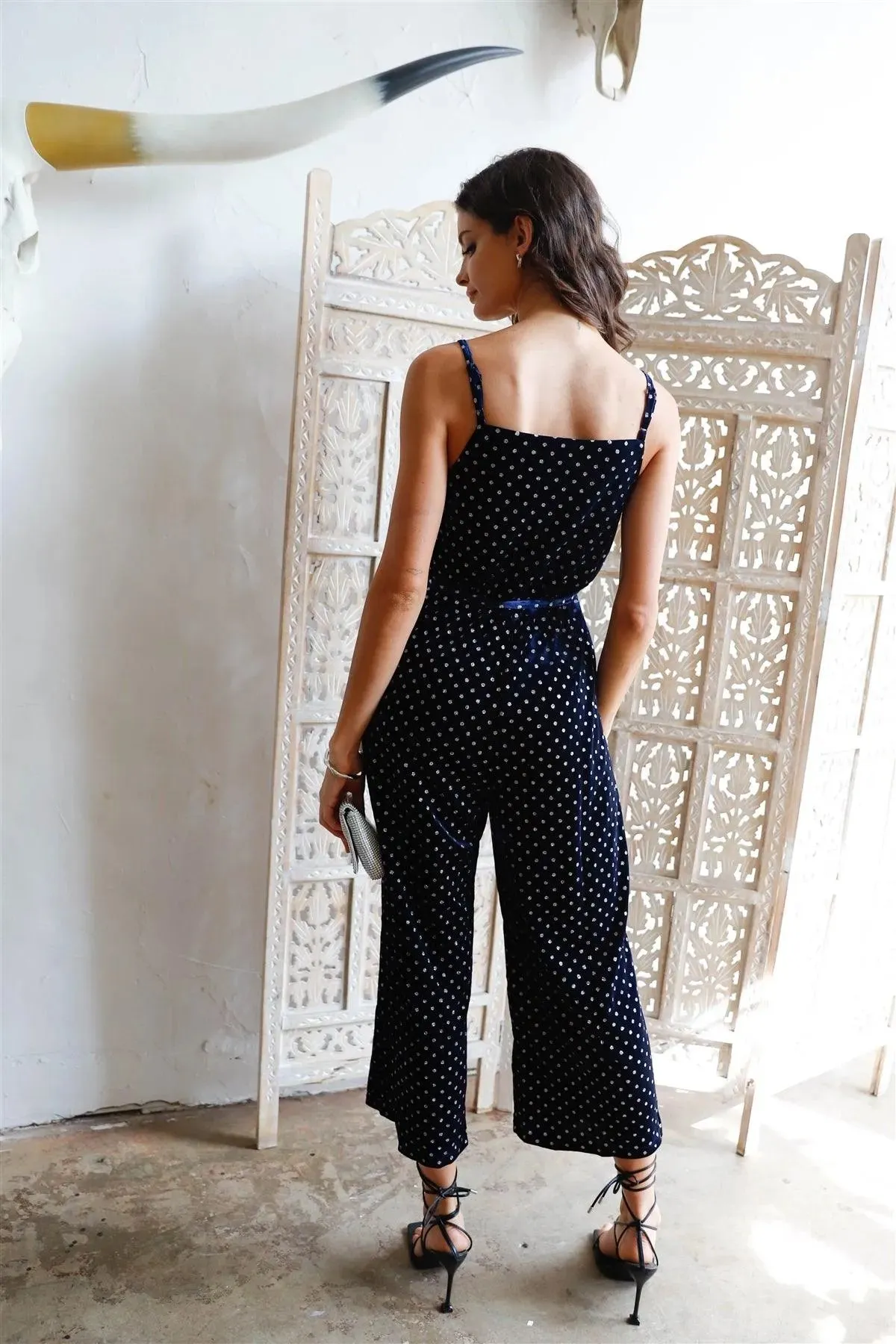 Navy Velvet Glitter Polka Dot Self-Tie Wrapped Jumpsuit /1-2-2-1