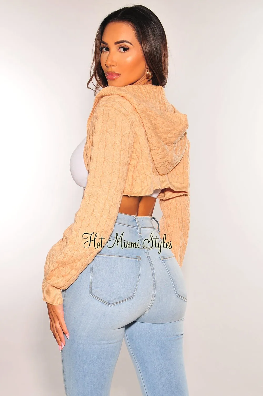 Nude Cable Knit Long Sleeve Hooded Crop Shrug Sweater