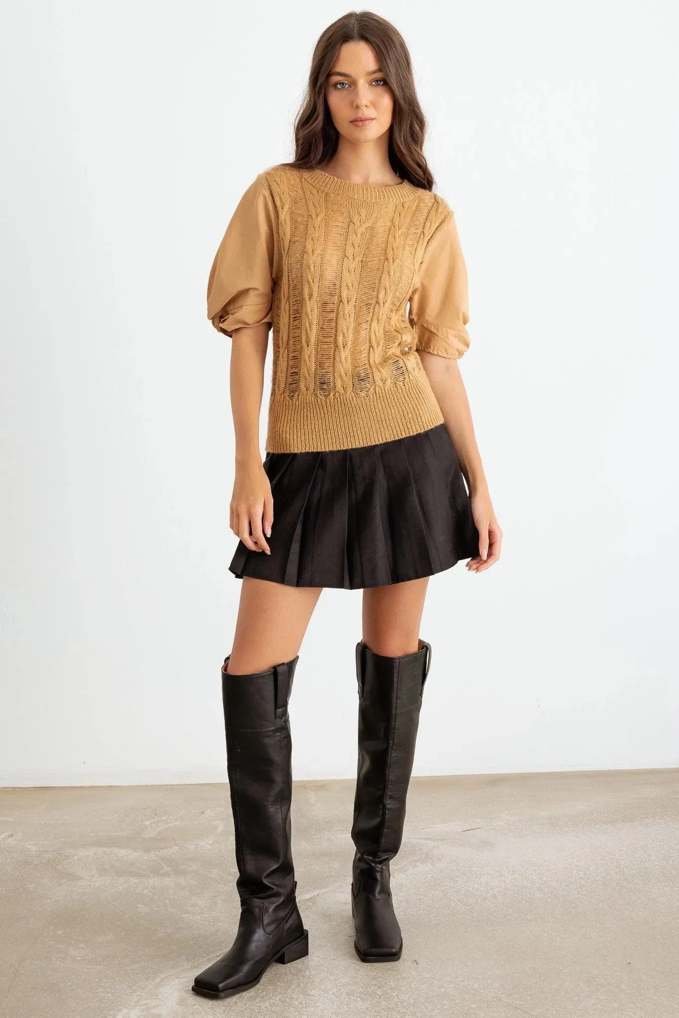 Nude Distressed Cable Knit Puff Short Sleeve Sweater /2-2-2