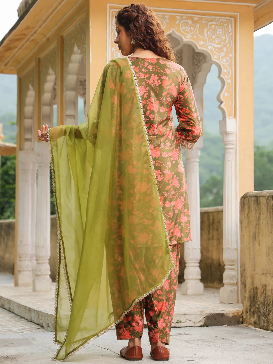 Olive Green Velvet Floral Printed Salwar Suit Set