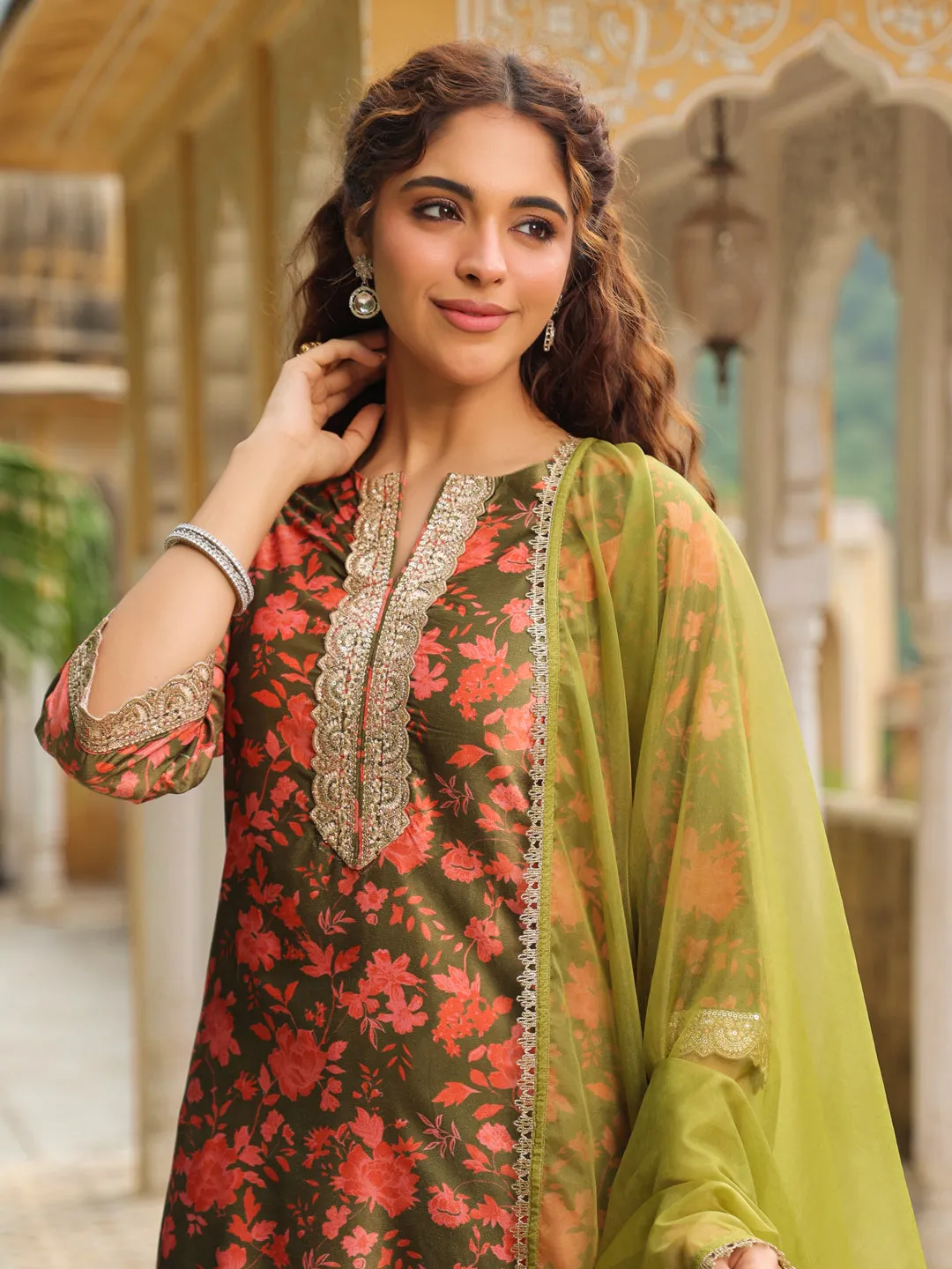 Olive Green Velvet Floral Printed Salwar Suit Set