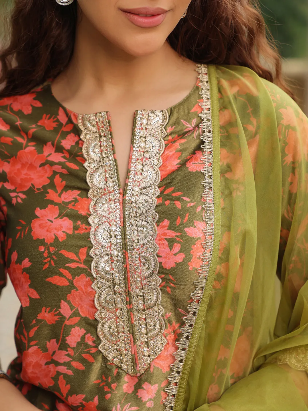 Olive Green Velvet Floral Printed Salwar Suit Set