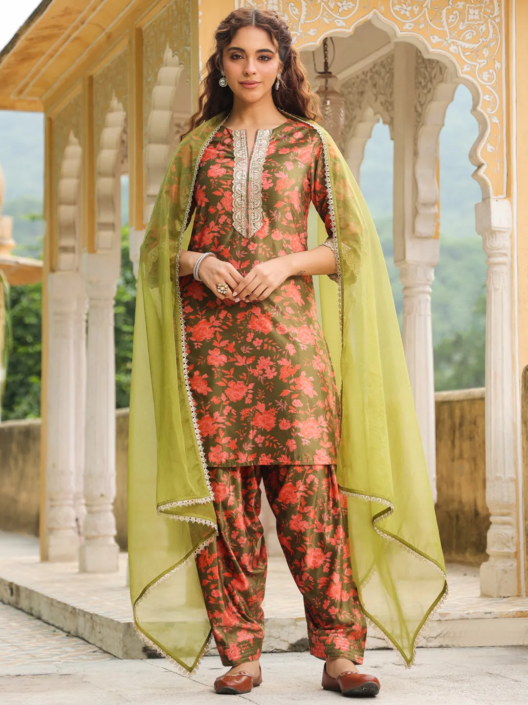 Olive Green Velvet Floral Printed Salwar Suit Set