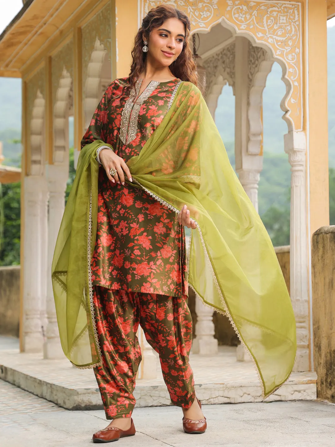 Olive Green Velvet Floral Printed Salwar Suit Set