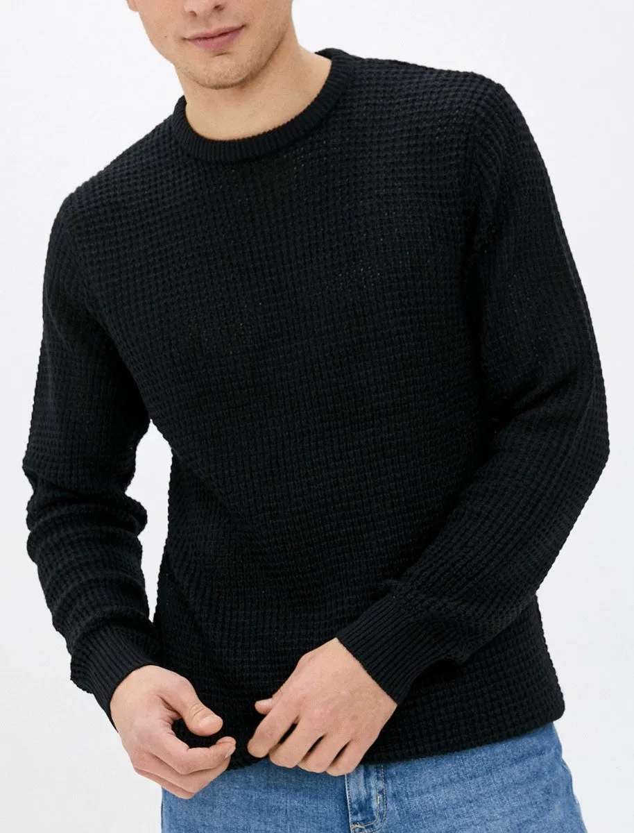 Olney Crew Neck Waffle Knit Jumper in Black - Kensington Eastside