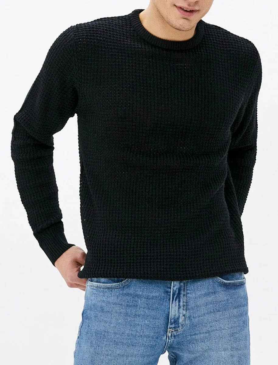 Olney Crew Neck Waffle Knit Jumper in Black - Kensington Eastside