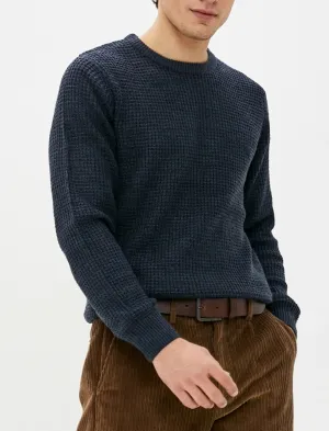 Olney Crew Neck Waffle Knit Jumper in Dark Denim Marl - Kensington Eastside