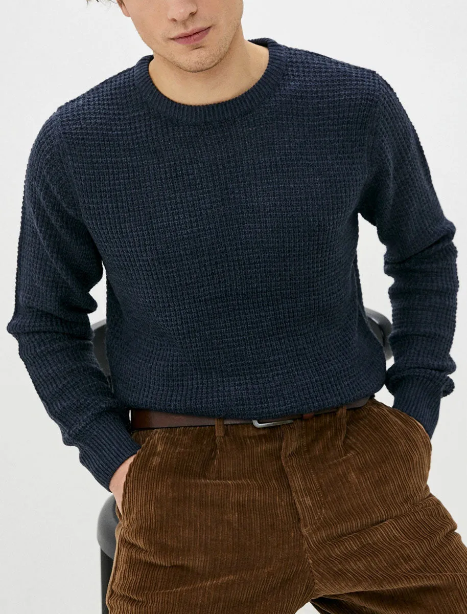 Olney Crew Neck Waffle Knit Jumper in Dark Denim Marl - Kensington Eastside