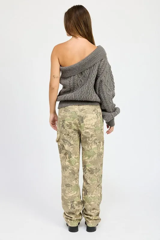 Oversized One Shoulder Cable Sweater