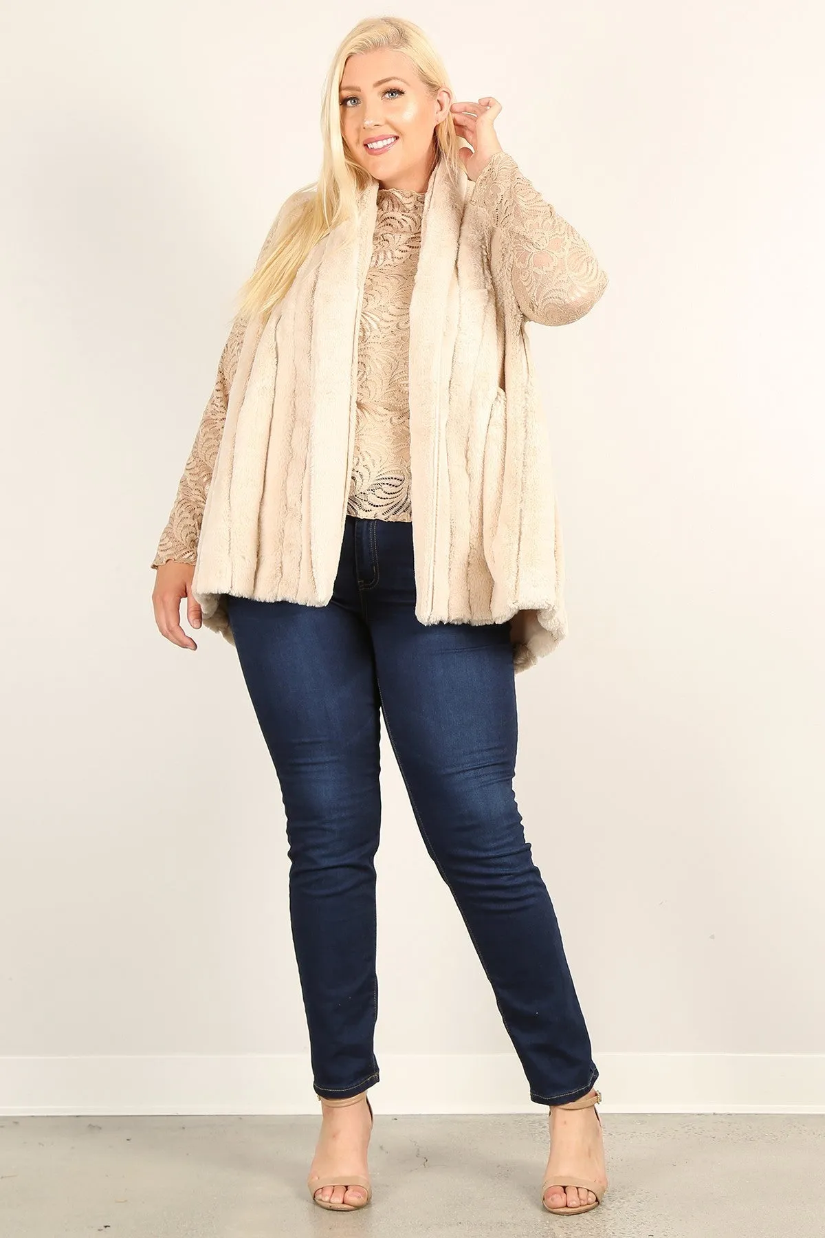 Plus Size Faux Fur Vest Jacket With Open Front, Hi-lo Hem, And Pockets