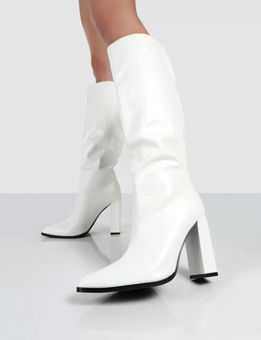 Posie White PU Knee High Block Heel Boots