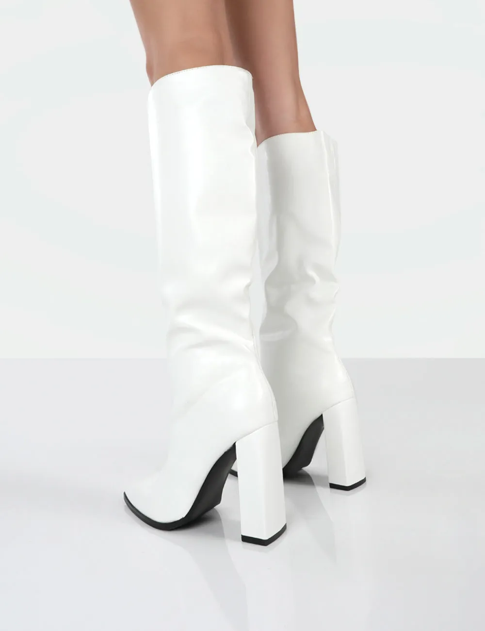 Posie White PU Knee High Block Heel Boots