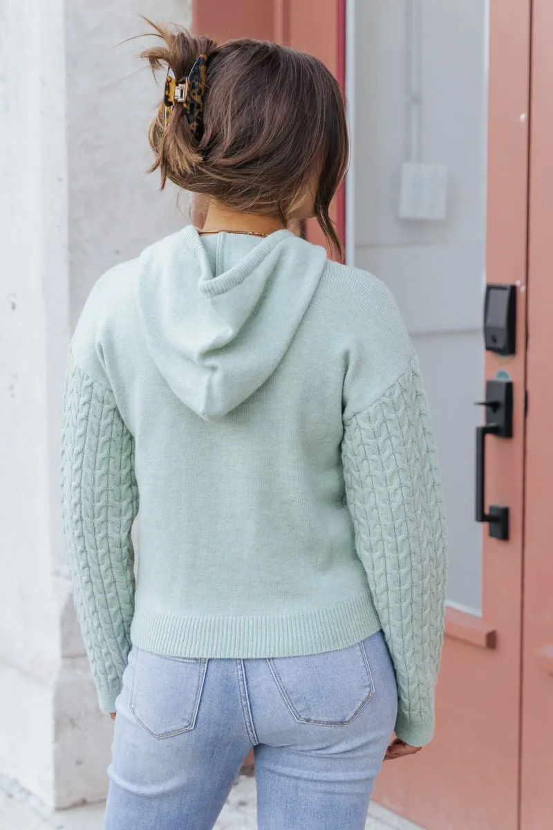 Sage Cable Knit Sleeve Hooded Sweater - DOORBUSTER