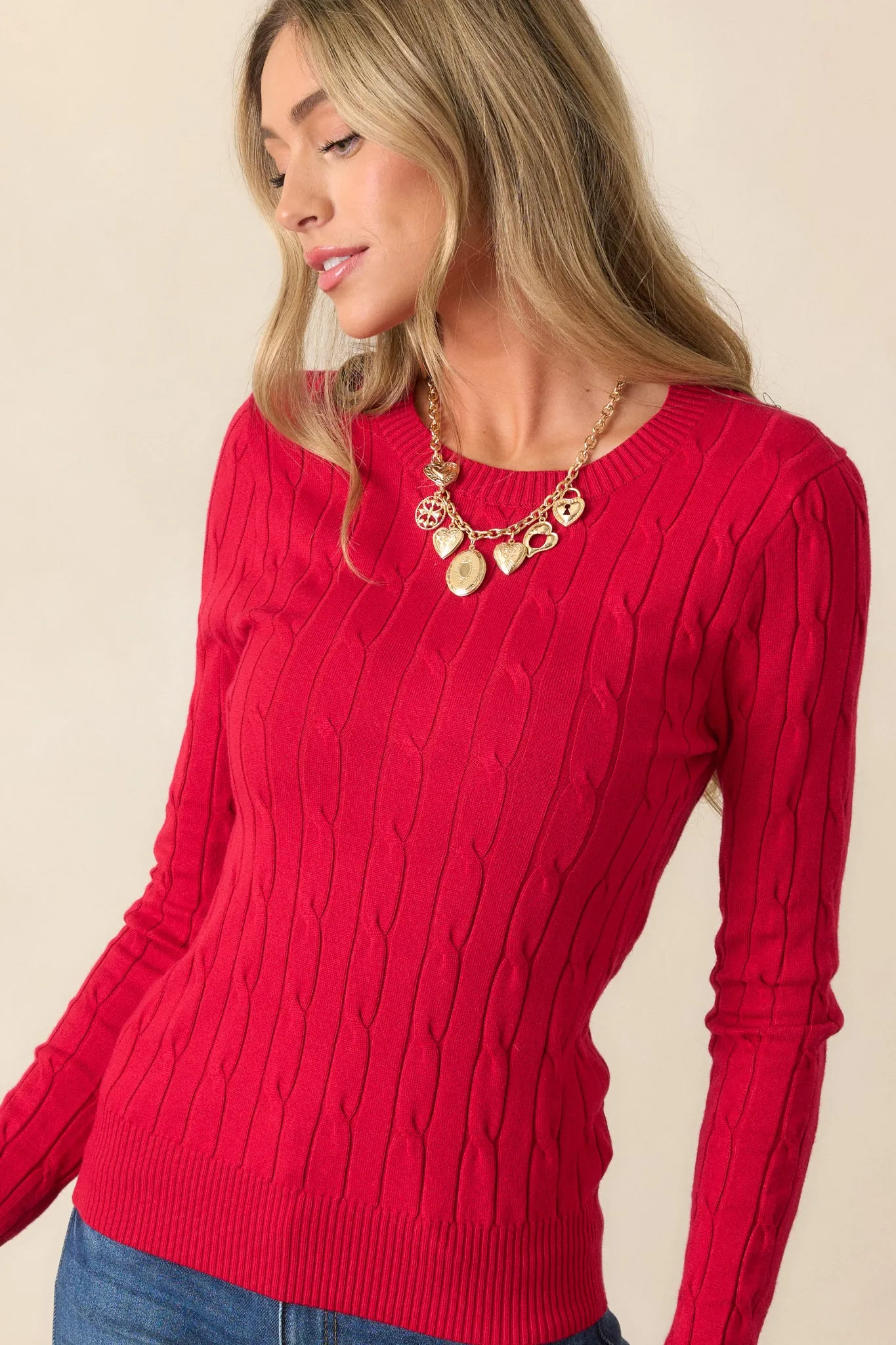 Softly Spoken Red Cable Knit Sweater