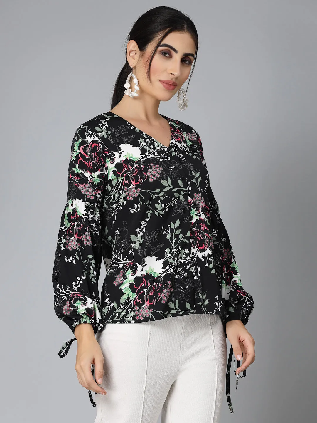 Style Quotient Women Black Floral Polyester Smart Casual Top