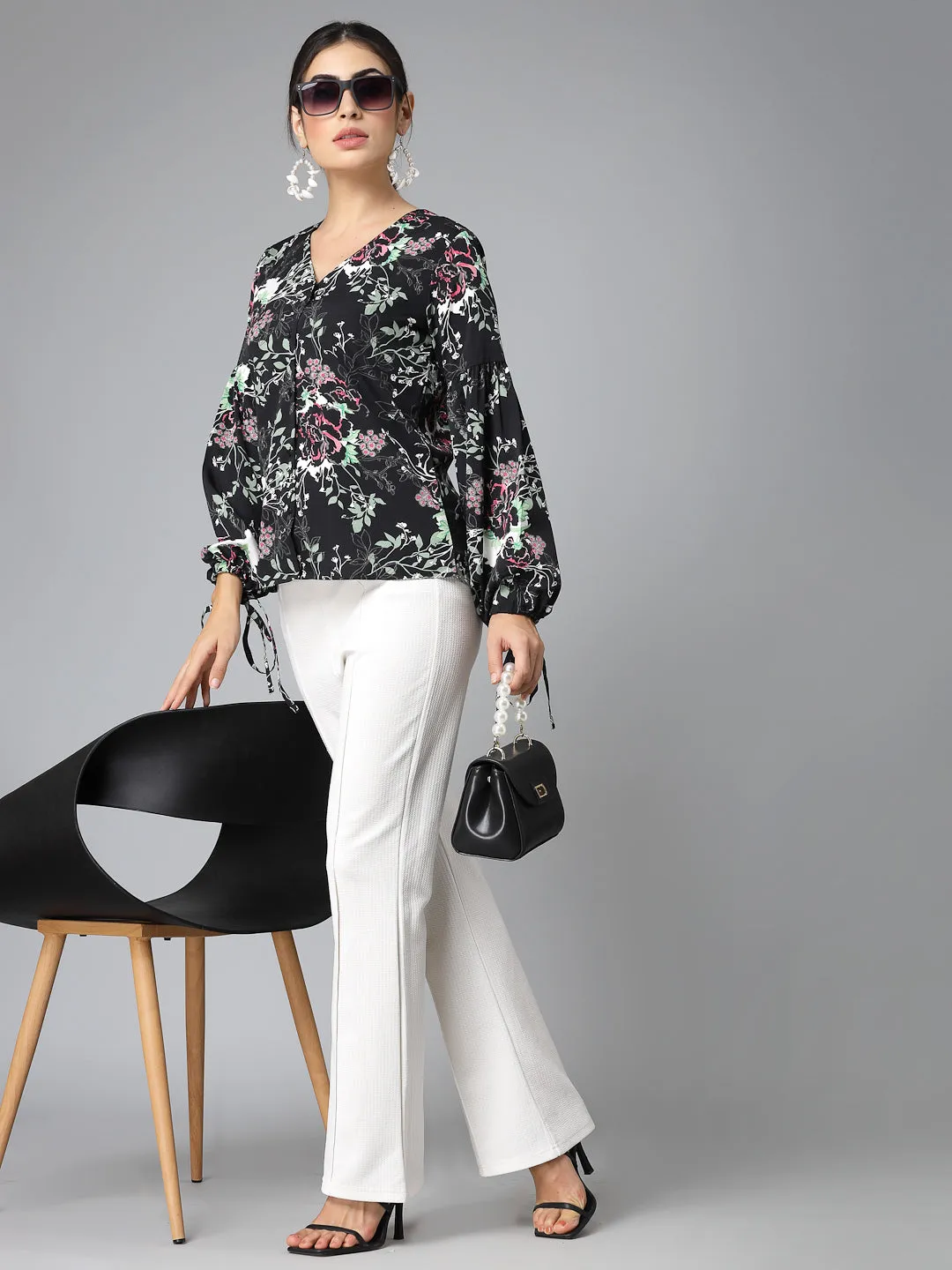 Style Quotient Women Black Floral Polyester Smart Casual Top