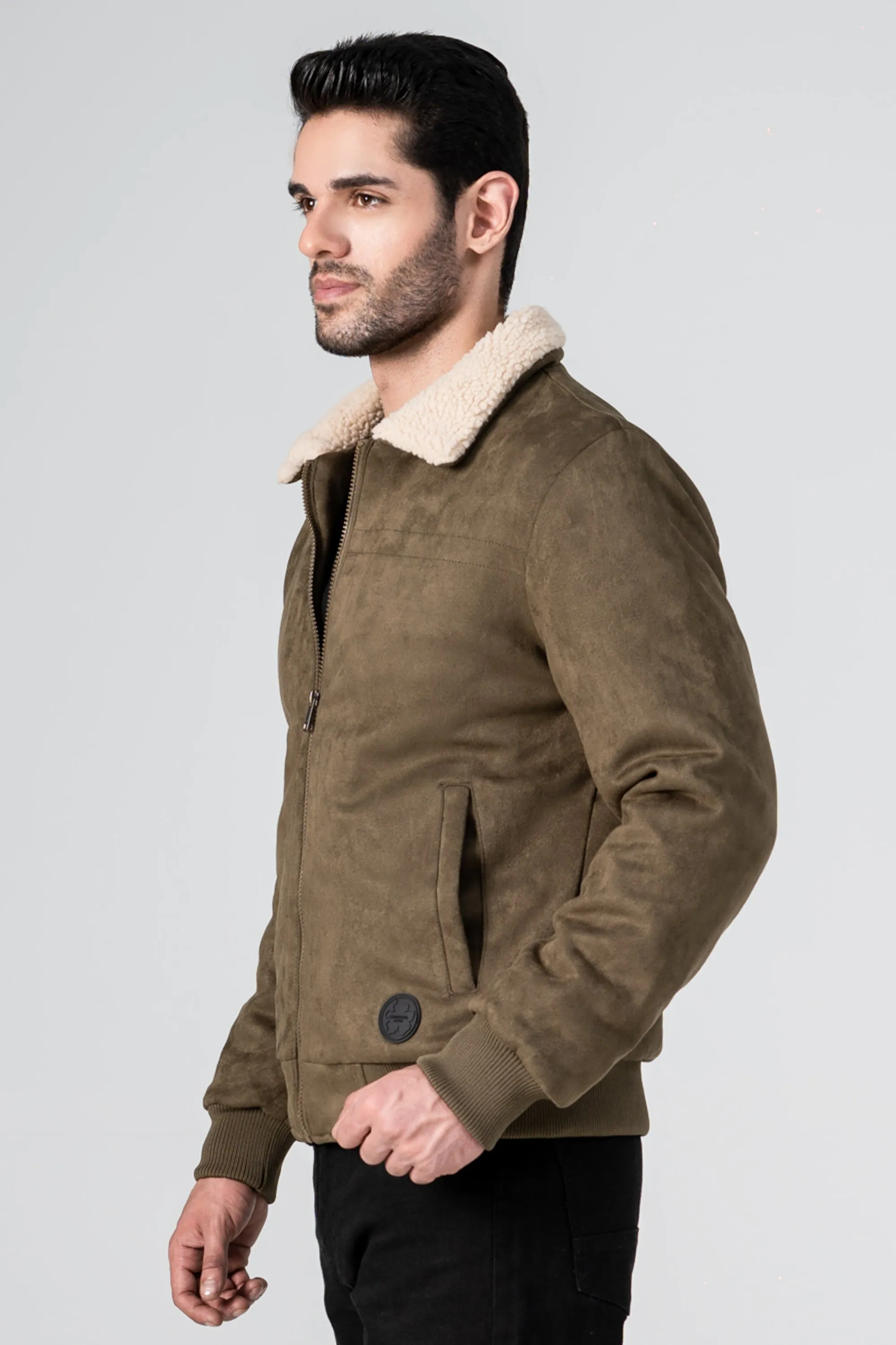 SUEDE FUR COLLAR JACKET OLIVE