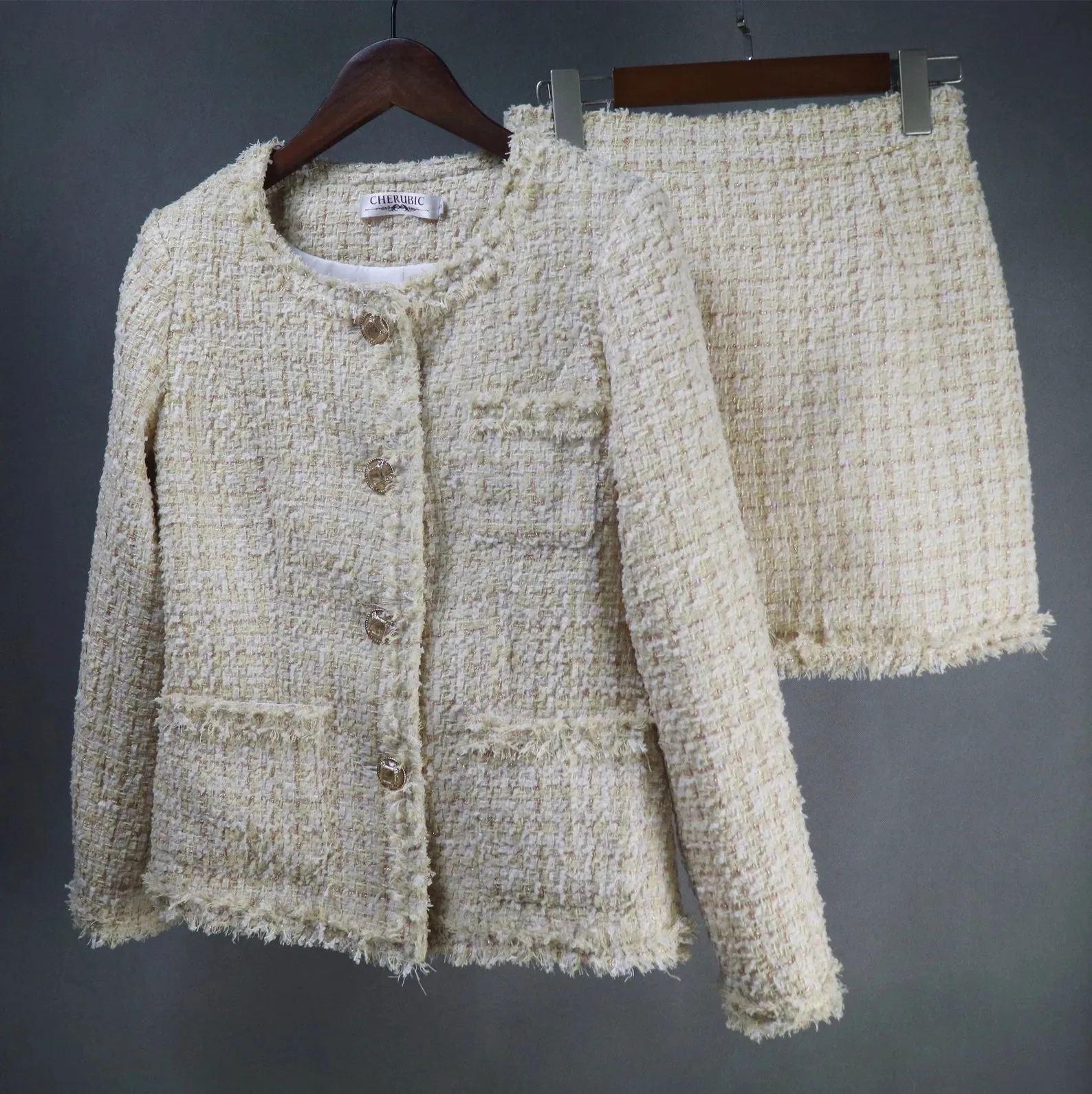 Tailor Made Sparkle Threads Tweed Light Beige Jacket Coat Blazer   Skirt / Shorts/ Trousers Suit