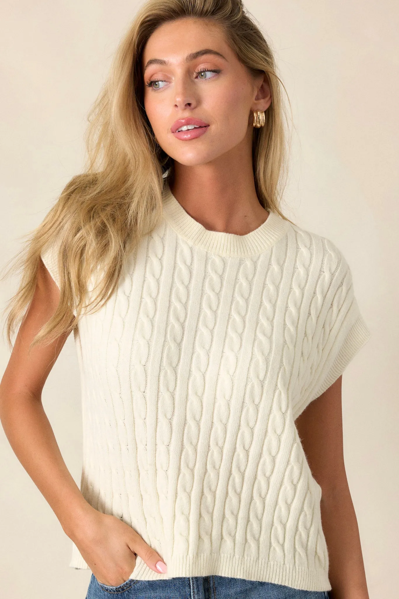 Talking To You White Cable-Knit Sleeveless Sweater