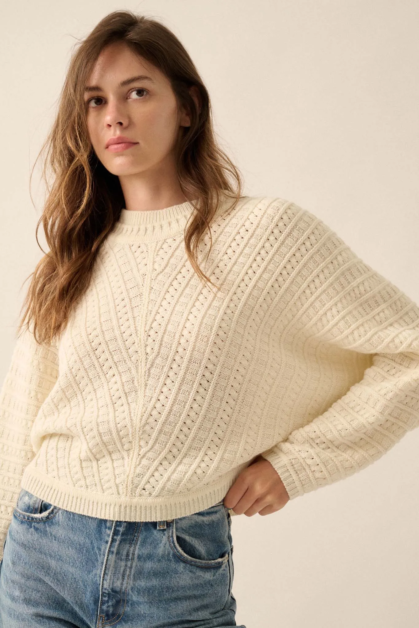 Warm Wishes Pointelle Cable Knit Dolman Sweater