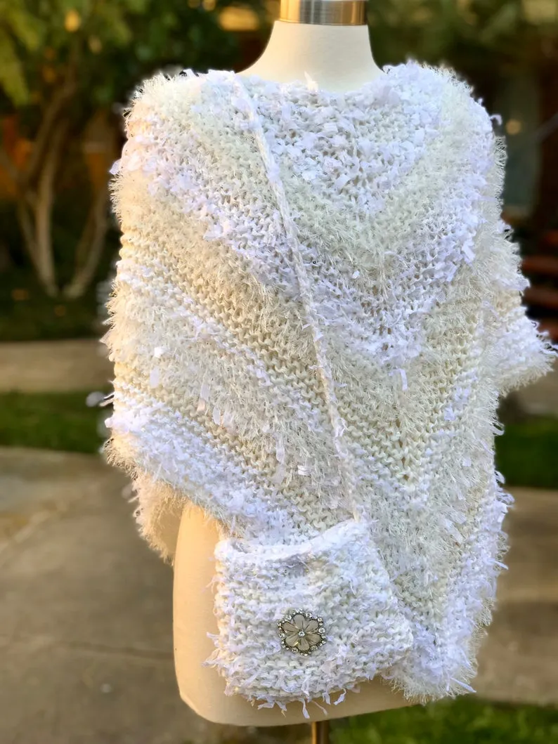 White Knitted Triangular Shawl, Wedding Knitted Neckerchief Triangular Handkerchief, Mottled Knotted Scarf, Wedding Wrap