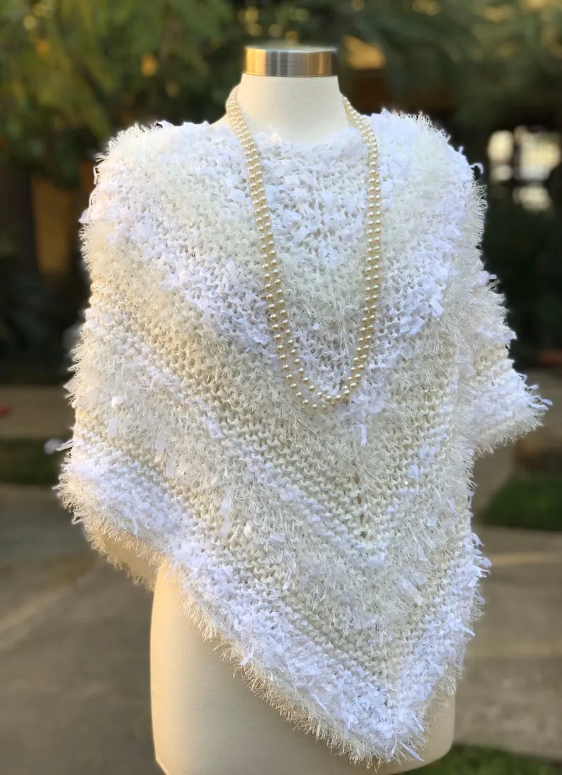 White Knitted Triangular Shawl, Wedding Knitted Neckerchief Triangular Handkerchief, Mottled Knotted Scarf, Wedding Wrap