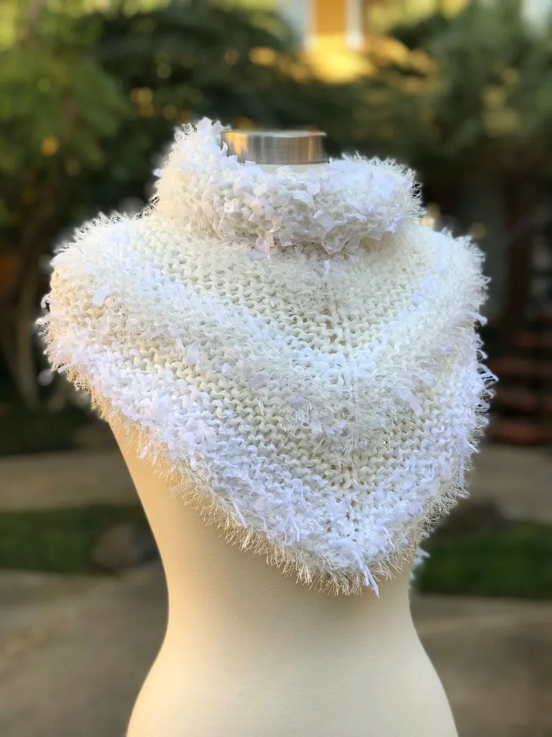 White Knitted Triangular Shawl, Wedding Knitted Neckerchief Triangular Handkerchief, Mottled Knotted Scarf, Wedding Wrap