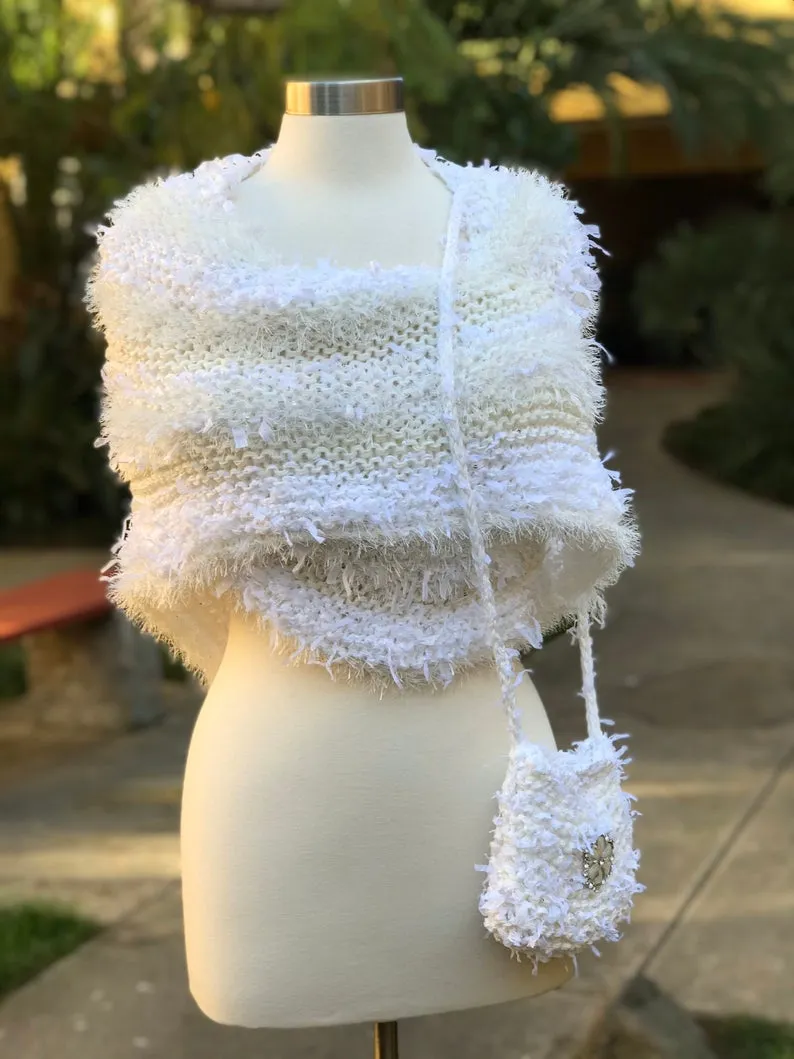 White Knitted Triangular Shawl, Wedding Knitted Neckerchief Triangular Handkerchief, Mottled Knotted Scarf, Wedding Wrap