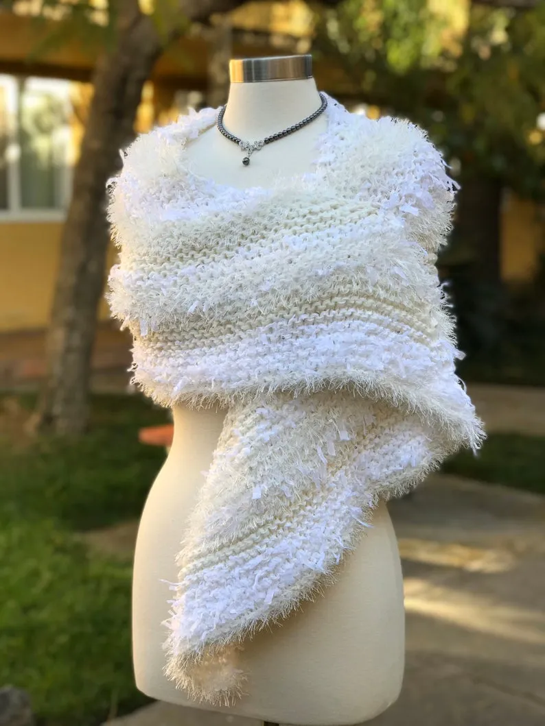 White Knitted Triangular Shawl, Wedding Knitted Neckerchief Triangular Handkerchief, Mottled Knotted Scarf, Wedding Wrap