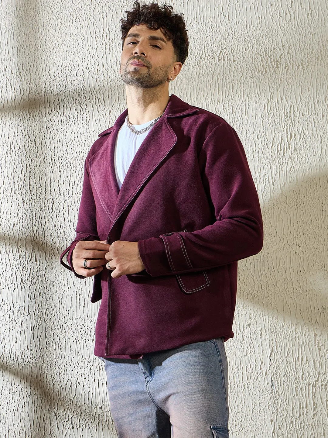 Wine Woollen Contrast Blazer