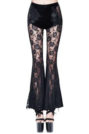 Women's Black Velvet flares Pants With Lace & Embroidery / Elegant Gothic High Elastic Waist Pants